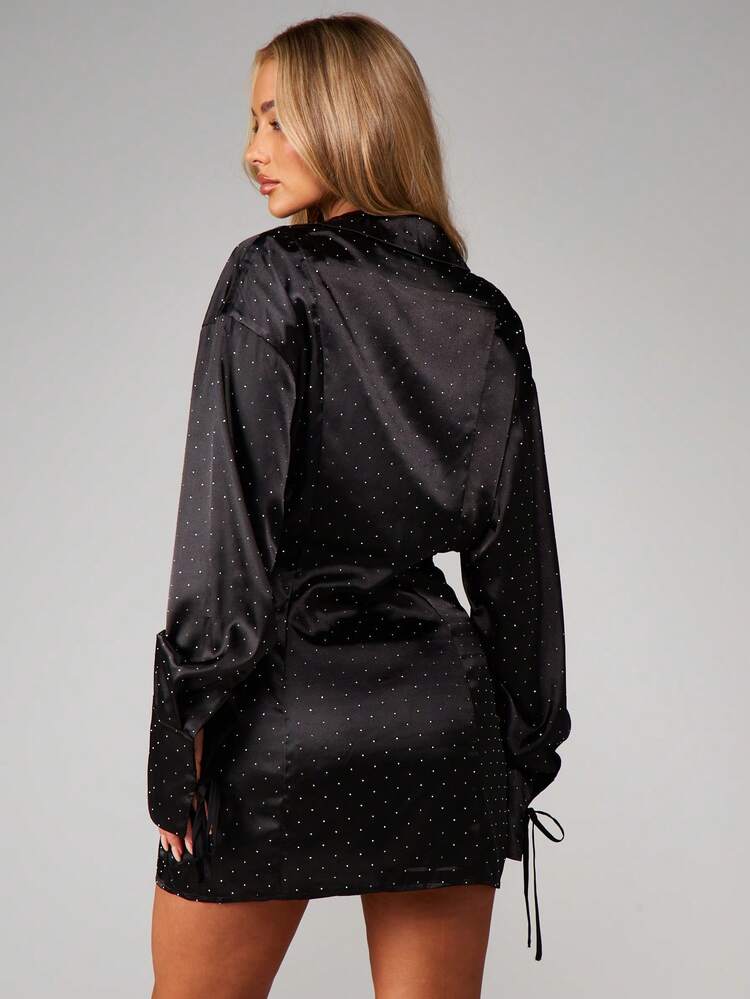 knee length dresses for ladies Satin Tie Waist Mini Shirt Dress