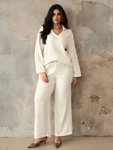 Roveilla Conjunto de 2 piezas de top de manga larga y pantalones de punto elegante y casual en estilo francés para mujer de talla grande - Albaricoque - Ver 6