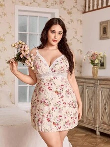 CottageSlumber Floral Print Lace Patchwork Deep V-Neck Plus Size Camisole Nightgown - Multicolor - View 5