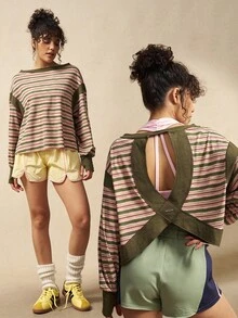 VARSIVA Áo thun thể thao dài tay dáng rộng họa tiết sọc trễ vai dành cho nữ - Nhiều màu - Xem 2
