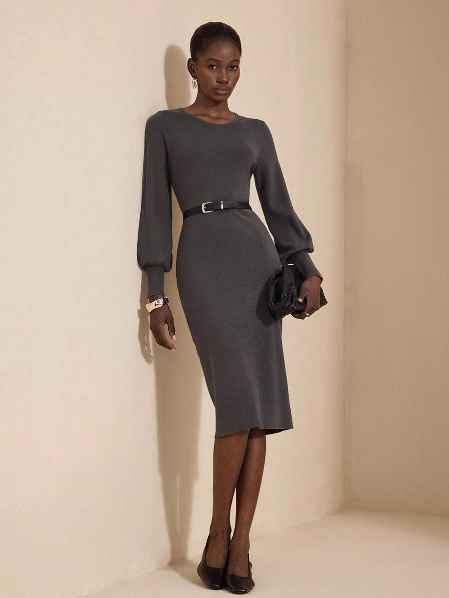 JIAN LASALA Round Neck Bishop Long Sleeves Fitted Bodycon Sweater Midi Dress Women Elegant Autumn Wear Sweater Dresses For Women Long Sleeve Dresses Woman Sweater Dress Knit Dress Luxury Stylish Clothing Collection Party Dress - Dark Grey - View 1