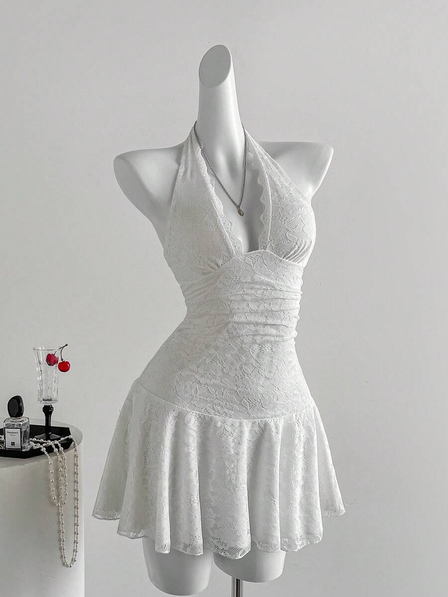 Sweetra Váy yếm hở lưng ren trơn màu gợi cảm - trắng - Xem 1