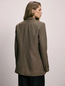 ATUI Studio Studio Loose Fit Wide Cinched Waist Double-Breasted Pocket Long Sleeve Blazer, Old Money Aesthetic, Vintage Check Houndstooth Thanksgiving - Multicolor - View 2