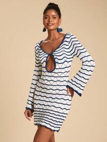 Travachic Women's Contrast Stripe Hollow-Out Knit Dress,Autumn Winter Women,  New Year Look, Thanksgiving Outfits, Elegant Dresses Party - Blue and White - View 5