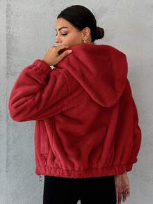 SHEIN Cottnline Zip Up Hooded Fleece Jacket - Red - View 2