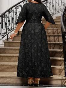 SHEIN Lady 春夏秋冬优雅派对通勤办公室彩色编织缺口舞会礼服短袖卡夫坦连衣裙大码连衣裙 - 黑色 - 查看 2