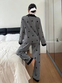 Dream Adore Contrast Color Collar Bubble Wrinkle Heart Striped Long Sleeve & Pants Women Pajama Set Curve Pajamas Women Pajamas Set Women Sleepwear Button Up Pajamas Women Women Plus Sleepwear, Fall Clothes