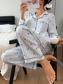 SHEIN 女士优雅条纹爱心翻领印花长袖上衣和裤子睡衣套装，带口袋，梭织面料睡衣，秋冬服装