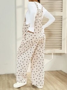 SHEIN 孕妇蝴蝶结印花时尚无袖连体裤 - 卡其色 - 查看 2