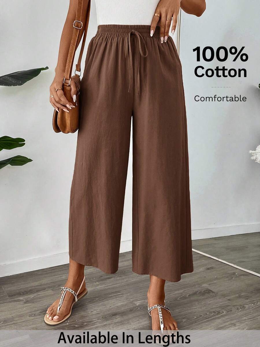 SHEIN PETITE CURVE Quần ống rộng màu trơn thường ngày cỡ lớn - Cà phê nâu - Xem 1