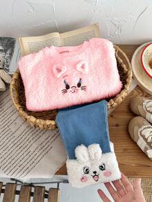 SHEIN 2pcs Baby Girls Pink Autumn Cute Family Matching Outfit,Animal Embroidery Fluffy Long Sleeve Sweatshirt And Pants With Fluffy Embroidered Hem Set - Pink - View 7