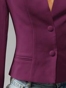 MISSGUIDED 无领专业短款西装外套，V 领，双纽扣正面，肩部结构长袖，办公室面试商务工作优雅现代正式夹克 - 紫色 - 查看 5