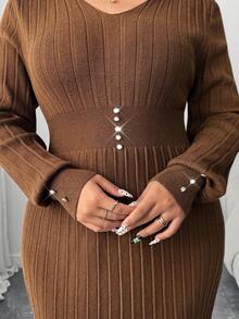 Elenzga Damen Große Größen Einfarbiges V-Ausschnitt Langarm Taille Knopf Design Figurbetontes elegantes Strickkleid, Herbst/Winter