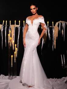 Glamrae Váy maxi đuôi cá dài tay trễ vai thêu hạt cườm trắng sang trọng, gợi cảm, dáng suông, dáng xòe rộng, phù hợp cho mùa cưới, váy cưới, những dịp trang trọng - trắng - Xem 4