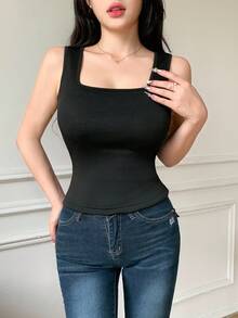 SHEIN LUNE Women's Crew Neck Fitted Padded Top, Warm And Fashionable For Autumn/Winter - Black - View 3