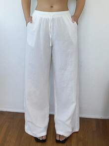 Nezia Cruz Women's Summer Country Concert Going Out Boho Beach Vacation Basic Minimalist Washed 100% Cotton White Pants Curved Hem Pants, Fall Women Clothes - White - View 5