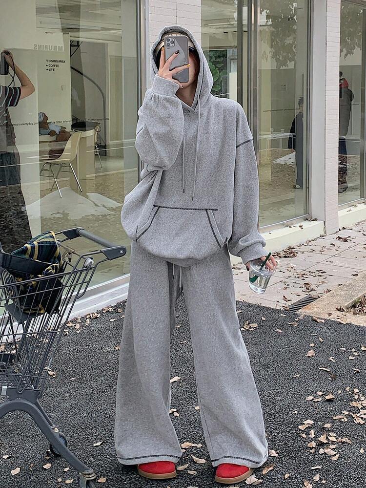 2pcs/Set Women Contrast Color Hoodie And Loose Sweatpants Casual Tracksuit Tracksuits Women Set Lounge Sets For Women