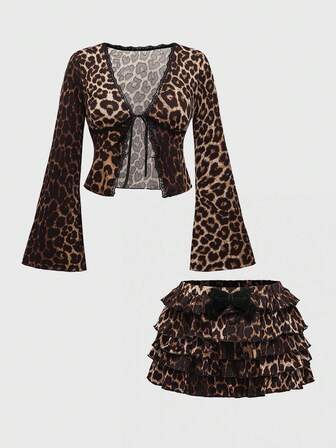 J-Fashion Plus Size Women's Vintage Y2K Leopard Print Ribbon Tie Cardigan & Ruffle Hem Shorts 2 Pieces Set