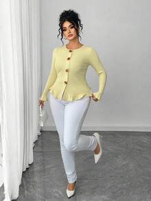 Elenzga Áo thun tay dài họa tiết hoa 3D thường ngày/công sở cỡ lớn cho nữ, màu vàng - Màu vàng - Xem 4