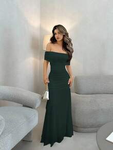 Jemour Vestido elegante de boda/Party con hombros descubiertos, cintura fruncida y hombros caídos para mujer - Verde Oscuro - Ver 6