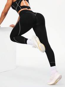 SHEIN Sports 1 件吸湿排汗、提臀基本款运动紧身裤，黑色和白色 - 黑色 - 查看 1