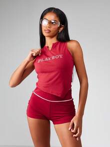 Missguided x Playboy Áo tank top dáng ngắn không tay cổ cao phong cách retro, thiết kế thỏ đính đá, cổ khoét khuyết, đính pha lê, thời trang dạo phố mùa hè - Đỏ - Xem 4