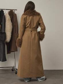 SHEIN BAE 女士纯色仿毛皮披肩领长袖长款优雅大衣，复古外套，秋冬季女装，万圣节装扮，音乐会服装，冬季女装毛皮大衣，时尚保暖，适合派对和外出。 - 咖啡棕 - 查看 2