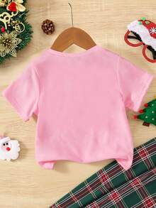 Merry Christmas Tween Girl Christmas Outfit - Fashionable, Unique, Fresh, Cute Christmas Tree, Bow, Santa Claus, Candy Cane, Letter Graphic Print Short Sleeve T-Shirt, Suitable For Christmas Party Christmas Clothes For Girls Pink Tops For Kids Christmas T-Shirt Girl T Shirt For Girls Girls Christmas Shirt