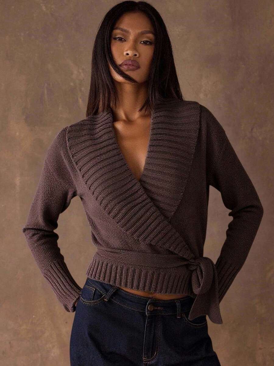 SHEIN BAE Damen Regular Unifarben Schal Kragen Drop-Shoulder Langarm Pullover mit Knotendetail an der Taille, Herbst/Winter - Kaffeebraun - Übersicht 1