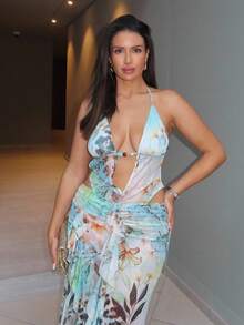 MDEdit Váy đi nghỉ họa tiết da báo xẻ tà thanh lịch, phù hợp cho kỳ nghỉ ở bãi biển, váy maxi đi nghỉ, váy đi biển, váy hở lưng, xuân/hè - Màu xanh Bạc hà - Xem 5