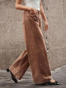 Selenza Women's Casual Retro Floral Print Wide Leg Jeans - Brown - View 6