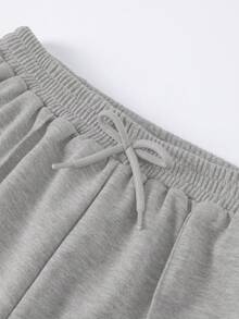 SHEIN 青少年女孩黑色休闲日常简约针织宽松百搭运动纯色裤子，适合外出、购物、户外活动，优雅腰部直筒百搭长裤，运动服 - 淺灰色 - 查看 4