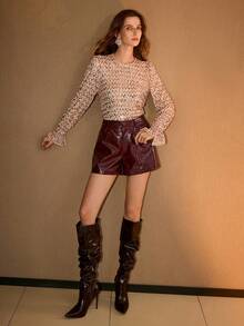 MOTF PREMIUM SEQUINS FLARE SLEEVE LACE TRIM BLOUSE - Gold - View 6