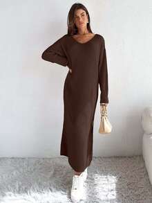 EURMUSE Satin Ribbon Detail On Back Dress Elegant Cute Simple Casual Street - Brown - View 3