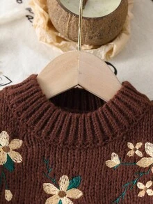 SHEIN Vintaside Kids 少女復古公主風花卉刺繡圓領長袖套頭針織毛衣 棕色鄉村風秋季仙氣藍上衣 - 棕色 - 查看 5