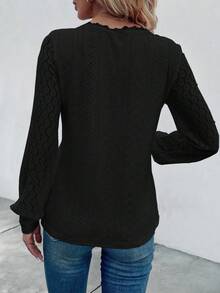 EMERY ROSE Women's Contrast Lace V-Neck Long Sleeve Casual Fashion T-Shirt - Black - View 2