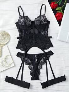 4pcs Sexy Lace Lingerie Set With Bra And Panties, Spliced With Decorative Ribbon Underwear Outer For Going Out, Baddie Look - Black - View 3