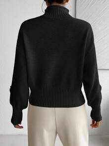 Almamuse Áo len chui đầu cổ lọ dệt kim họa tiết hoa 3D rộng rãi màu trơn đơn giản dành cho nữ - màu đen - Xem 2