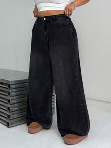 Dripcurv 大码宽松直筒蓝色牛仔裤 - 黑色 - 查看 1