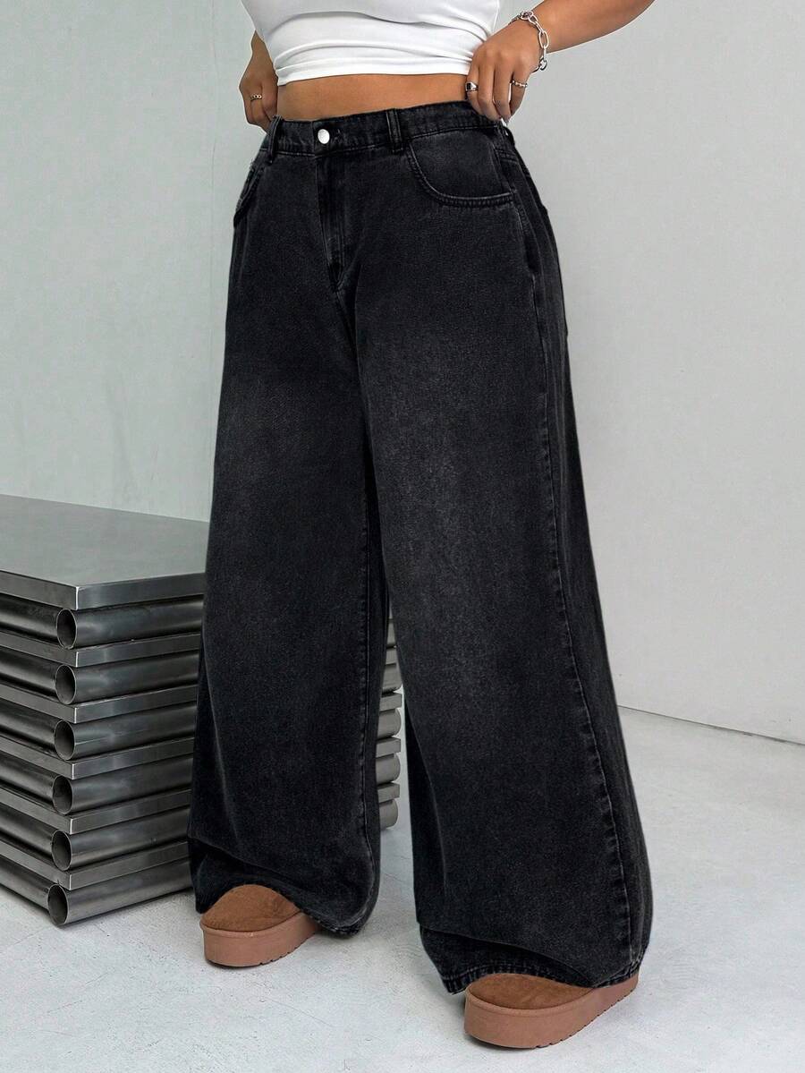 Dripcurv 大码宽松直筒蓝色牛仔裤 - 黑色 - 查看 1