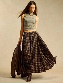 Easelle 女士棕色格子休闲长裙 - 摩卡棕 - 查看 4