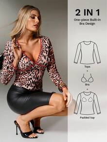 Nuvra Sexy Leopard Print & Lace Patchwork Deep V Neck Long Sleeve Top With Padded Bra, Casual For Autumn/Winter, Built-In Bra