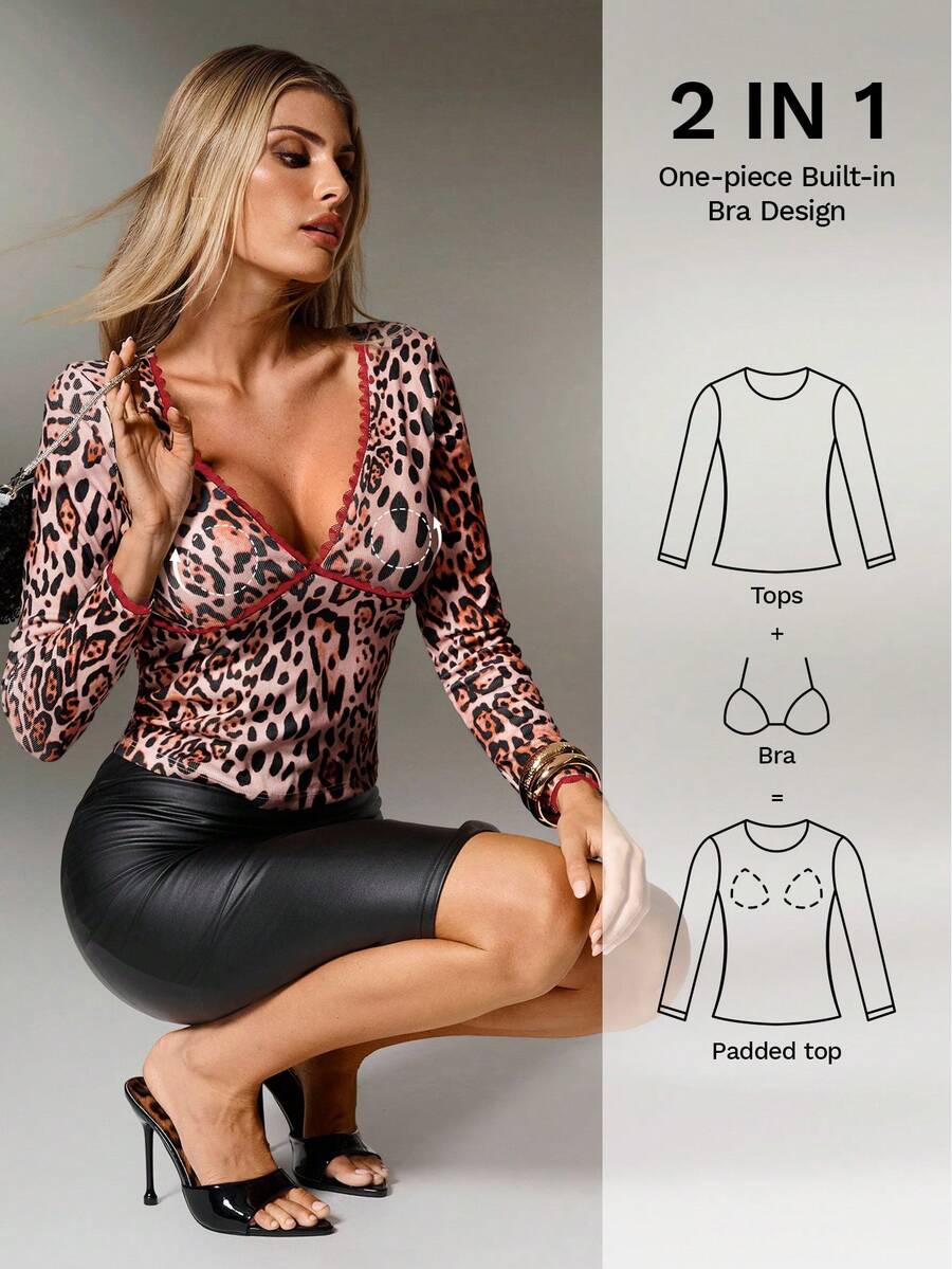 Nuvra Sexy Leopard Print & Lace Patchwork Deep V Neck Long Sleeve Top With Padded Bra, Casual For Autumn/Winter, Built-In Bra