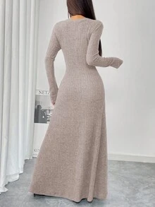 Modelyn 女士休闲 V 领修身连衣裙，纯色，百搭，适合日常通勤，春秋季 - 淺灰色 - 查看 6