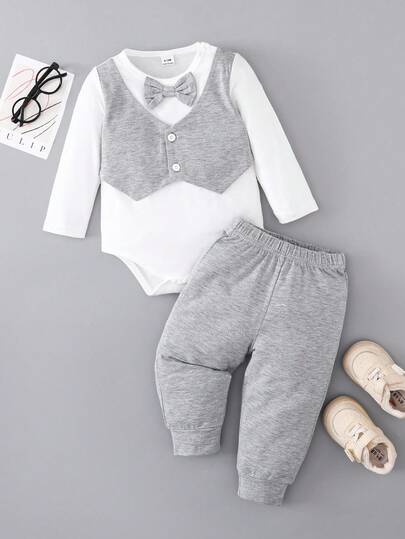 SHEIN 2pcs Infant Baby Boys Gentleman Casual 2 In 1 Bodysuit With Buttons & Bowtie, Solid Color Elastic Waist Casual Pants, Fashion Knit Suit Basic Set For Spring/Summer, Soft & Comfortable, Suitable For Formal Occasions Like Birthday Party, Evening Event, Wedding, Christening, Ceremony And Anniversary