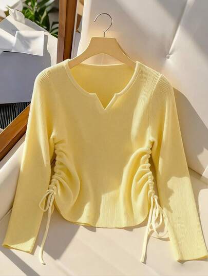 GlowEve 女士时尚 V 领抽绳褶饰休闲长袖 T 恤，奶油黄色，百搭，适合日常穿着和返校季