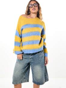 SUMWON WOMEN 柔软粗针织灯笼袖超大毛衣厚实保暖色块秋冬套头衫，罗纹袖口和下摆学院风针织衫 - 黃色 - 查看 4