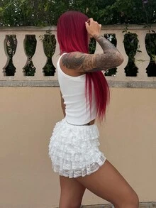 Bearsaez Summer;White Lace Ruffle Low Waist Shorts - White - View 4