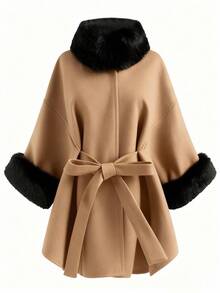 GlowEve CURVE Plus Size Women's Elegant Overcoat With Fur Collar And Belt