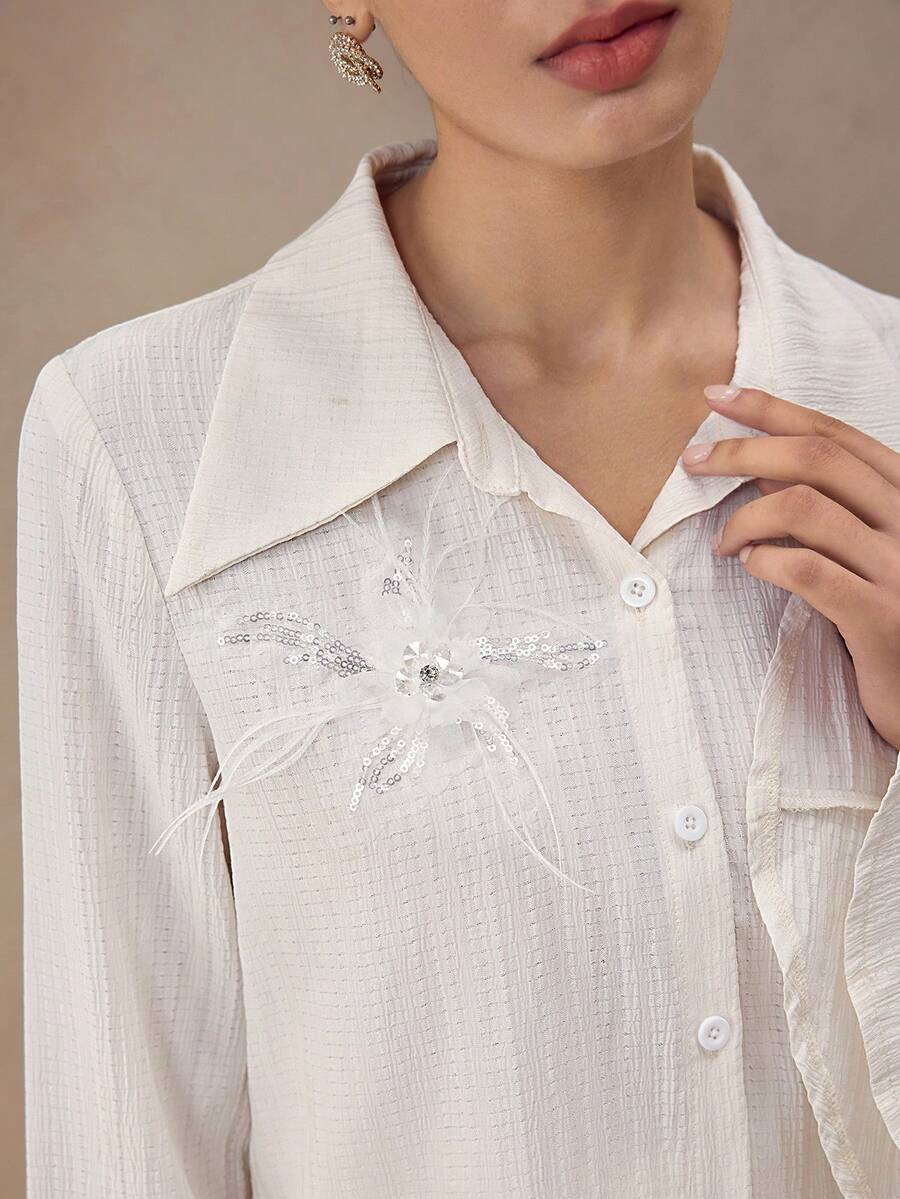 Graceveil Blusa holgada de manga larga con volantes en los puños, estilo casual para otoño - Beis - Ver 1